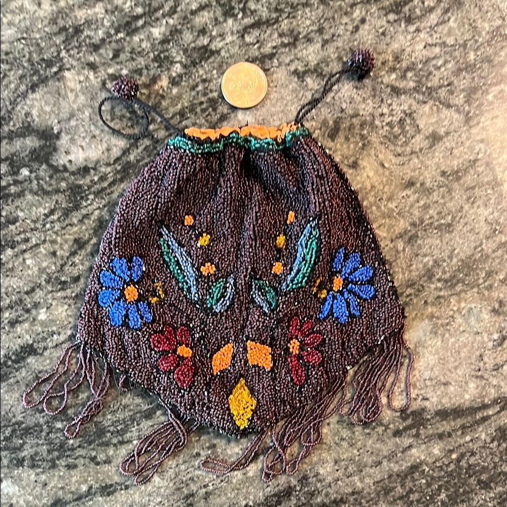 Embroidered Beaded Vintage Drawstring Bag